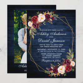 Invitación Boda Burgundy Floral Blue Wood Foto Geométrica