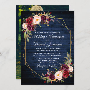 Invitación Boda Burgundy Floral Blue Wood Geométrica Photo