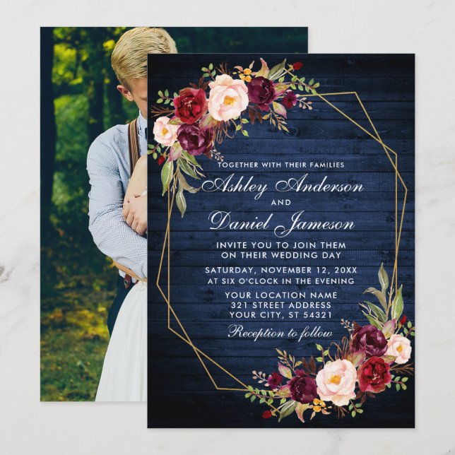 Invitación Boda Burgundy Floral Blue Wood Geométrica Photo (Anverso / Reverso)