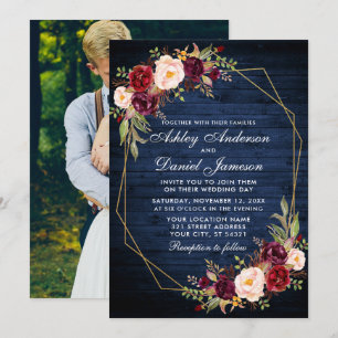 Invitación Boda Burgundy Floral Blue Wood Geométrica Photo