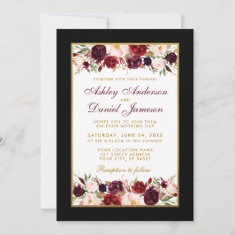 Invitación Boda Burgundy Floral Elegante Marco Dorado Negro