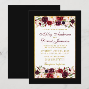 Invitación Boda Burgundy Floral Elegante Marco Dorado Negro