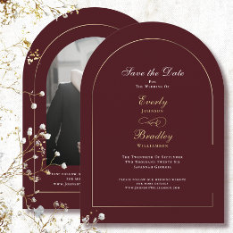 Invitación Boda Burgundy Gold Arco Blanco Guardar la Fecha