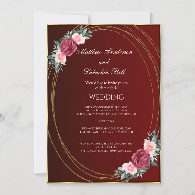 Invitación Boda Burgundy Gold Rosa Flores Rojas Clásica (Anverso)