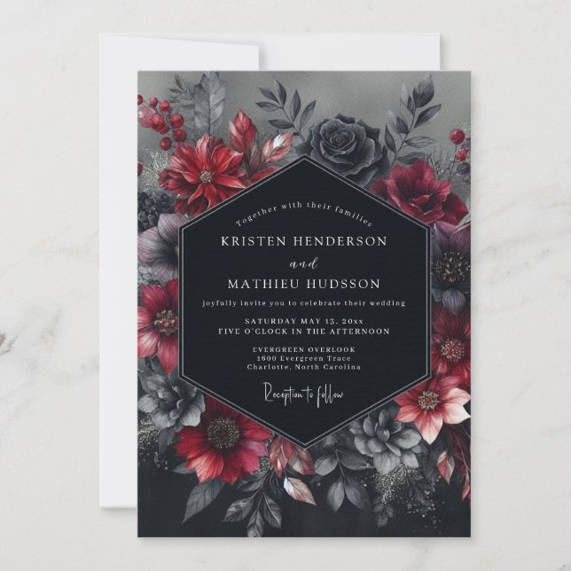Invitación Boda Burgundy Gótico Florido (Anverso)