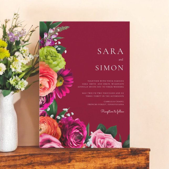 Invitación boda burgundy moderno y elegante (colorful bold burgandy floral wedding invitation )