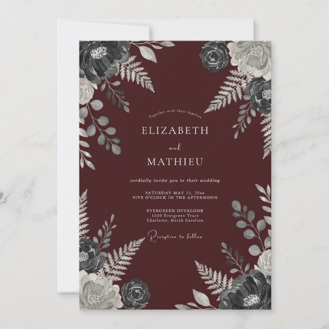Invitación Boda Burgundy Moody Bosque (Anverso)