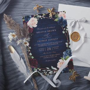 Invitación Boda Burgundy Navy Blush Rose Gold Elegante Chic