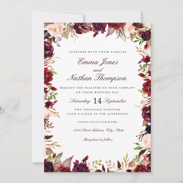 Invitación Boda Burgundy Rubor Floral Watercolor (Anverso)