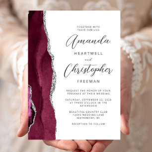 Invitación Boda Burgundy Silver Agate Script