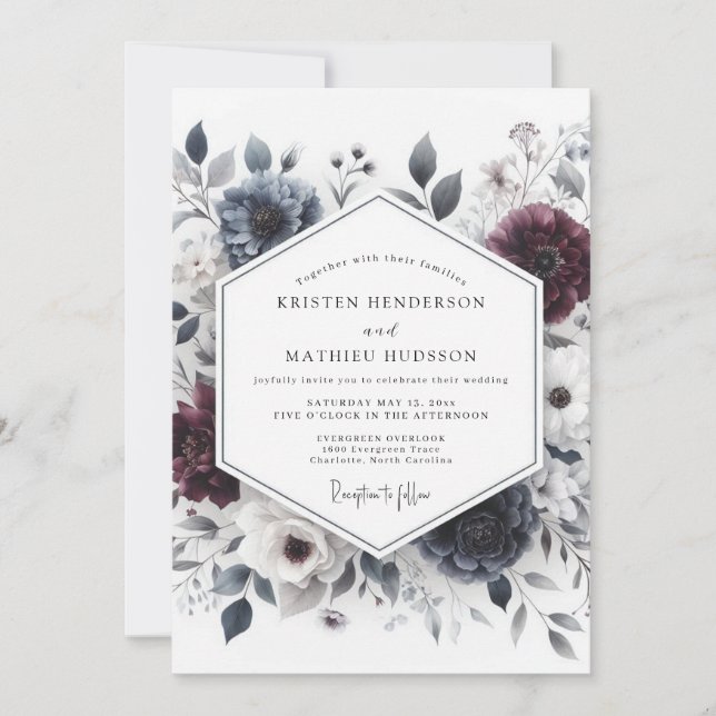 Invitación Boda Burgundy & Slate Ethereal Bloom (Anverso)