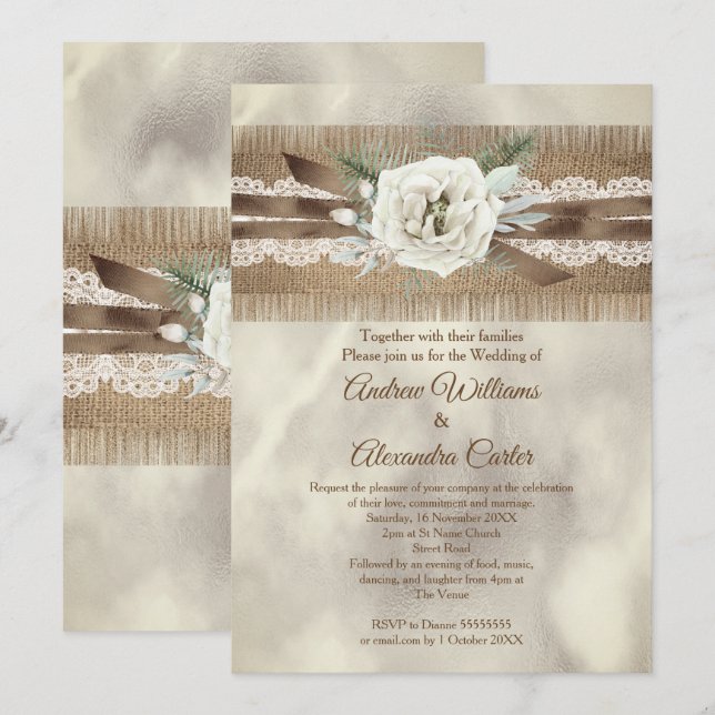 Invitación Boda Burlap Beige White Rose Lace Bow (Anverso / Reverso)