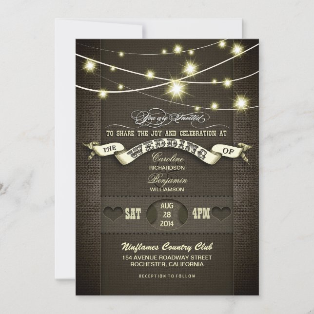 Invitación boda burlap de luces de cuerda rústicas de campo (Anverso)