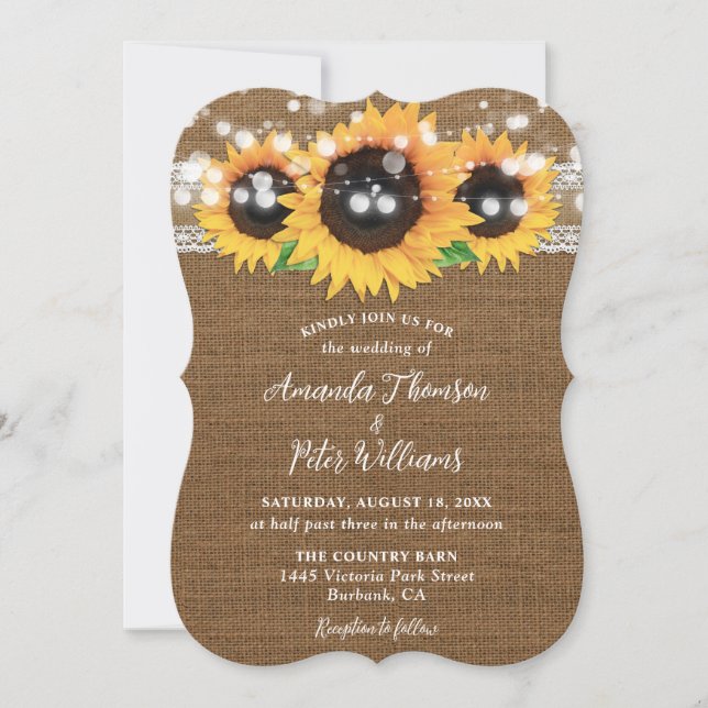 Invitación Boda Burlap de Sunflower Rustic Country (Anverso)