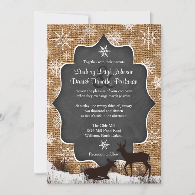 Invitación Boda | Burlap | Deer | Copos de nieve | Tablero (Anverso)
