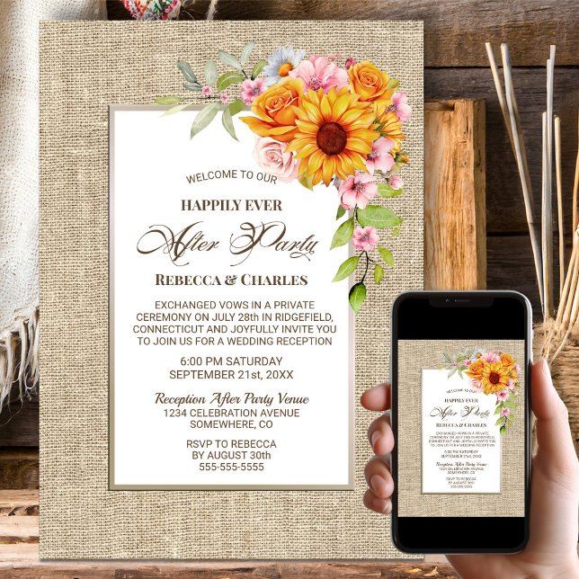 Invitación Boda Burlap Después De La Floral De Girasol Fiesta (Subido por el creador)