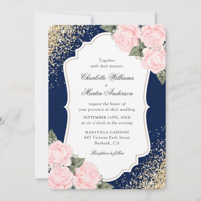 Invitación Boda Burlap Rosas de Rubor azul de la Marina Rusa (Anverso)