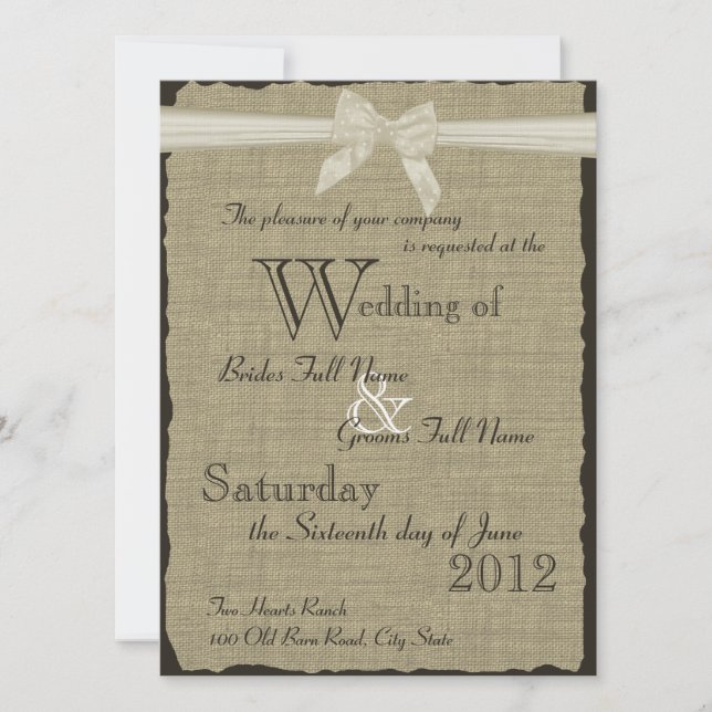 Invitación Boda Burlap y Bow (Anverso)