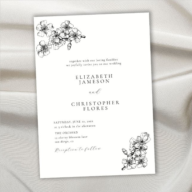 Invitación Boda BW botánico moderno de boceto de cerezo (Subido por el creador)