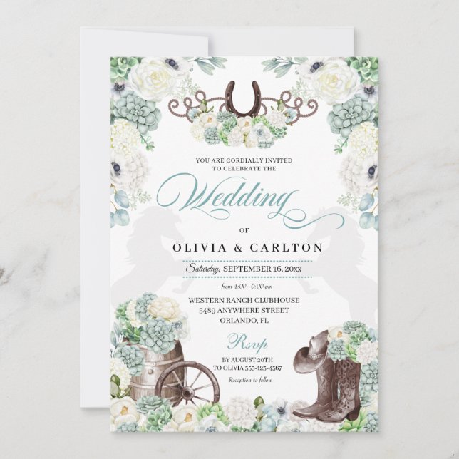 Invitación Boda Cacti Floral Mint Green Western Cowboy (Anverso)