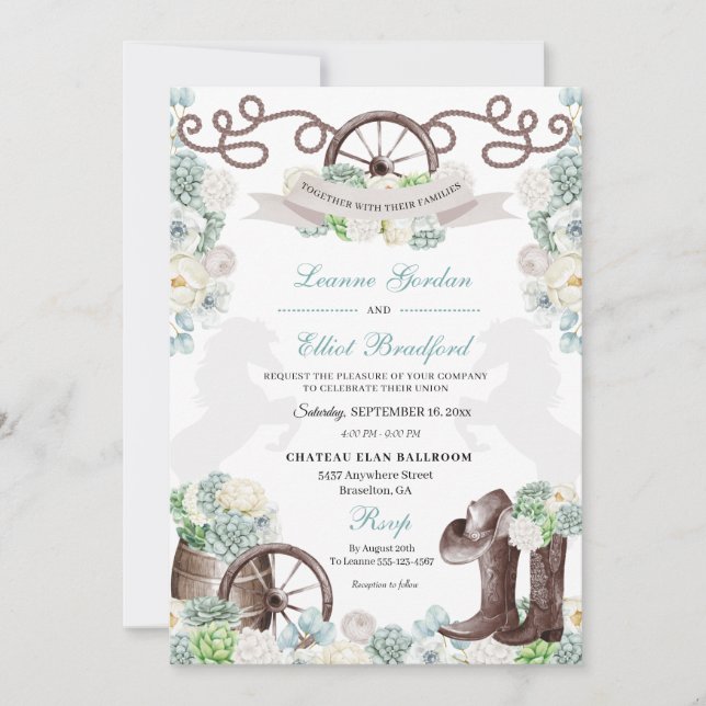 Invitación Boda Cacti Floral Mint Green Western Cowboy (Anverso)