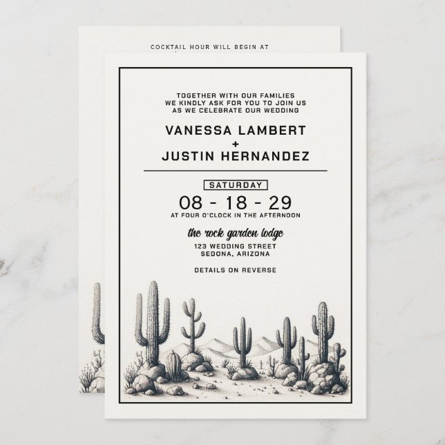Invitación Boda Cactus Casual con código QR y detalles (Anverso / Reverso)