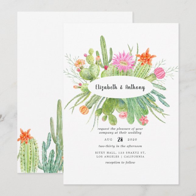 Invitación Boda Cactus de color de agua (Anverso / Reverso)