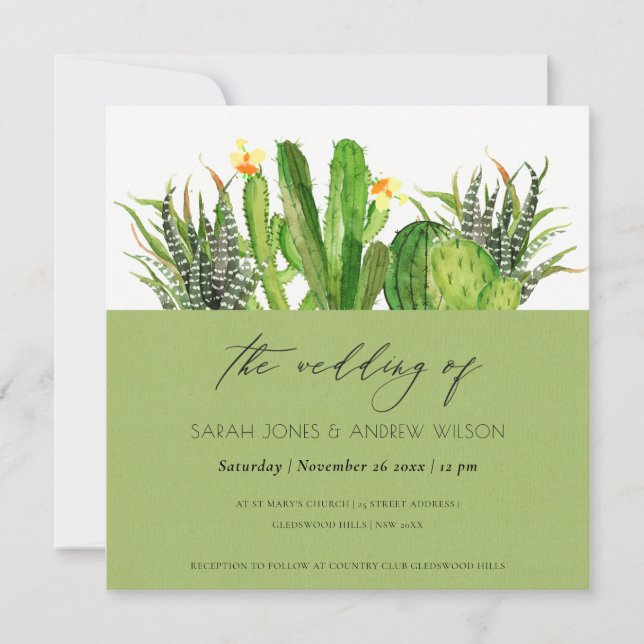 INVITACIÓN BODA CACTUS FLORAL MODERNO GARDEN WATERCOLOR (Anverso)
