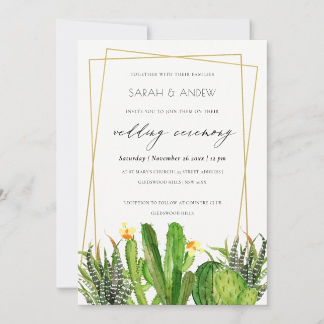 INVITACIÓN BODA CACTUS FLORAL MODERNO GARDEN WATERCOLOR (Anverso)