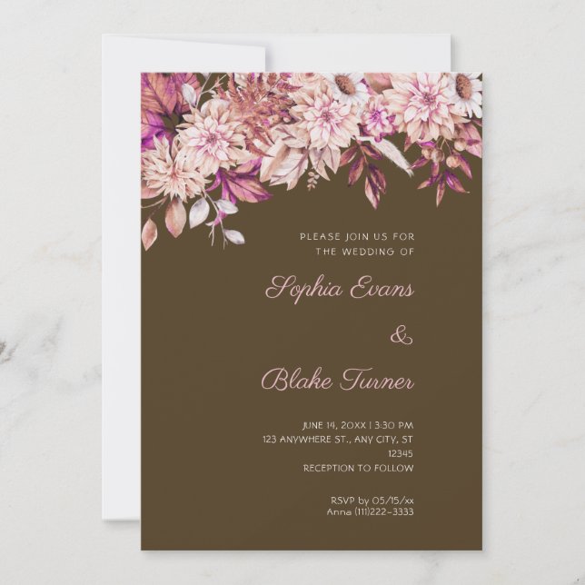 Invitación Boda Café Marrón Rosa Floral Invierno Marrón (Anverso)