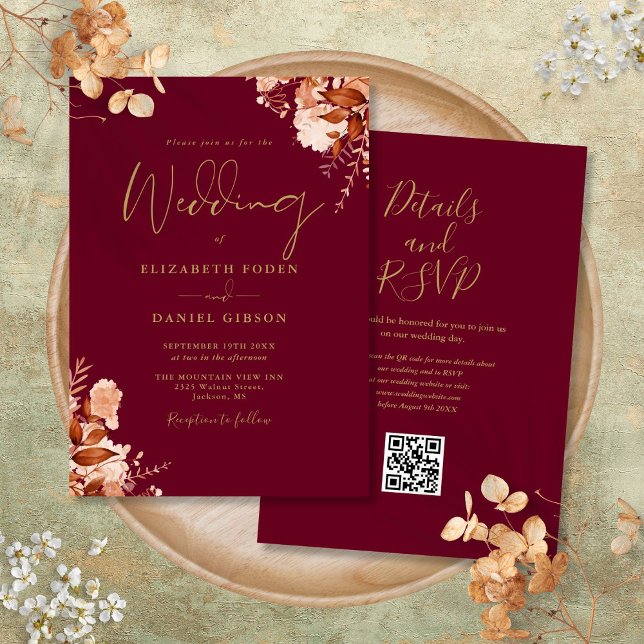Invitación Boda Caída Del Código QR De Borgoña Y Oro (Burgundy And Gold QR Code Fall Wedding Invitation)