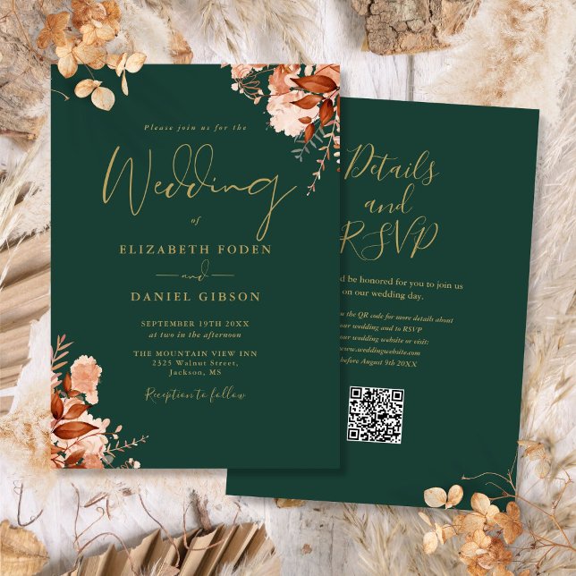 Invitación Boda Caída Del Código QR Ecológico Esmeralda Y Oro (Emerald Green And Gold QR Code Fall Wedding Invitation)