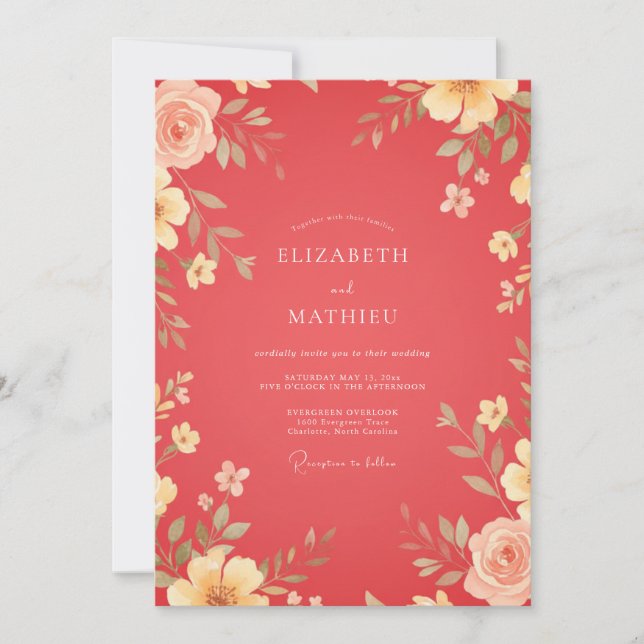 Invitación Boda Cálida de Coral y Hojas (Anverso)