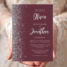 Boda Caligrafía Brillo Burgundy Plata