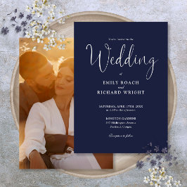 Invitación Boda Caligrafía Foto Azul Marino Wedding