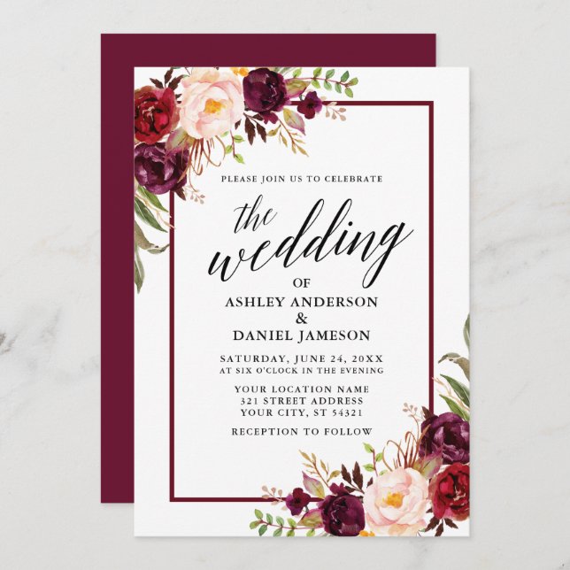 Invitación Boda caligrafía moderna armazón borgoñoso floral (Anverso / Reverso)