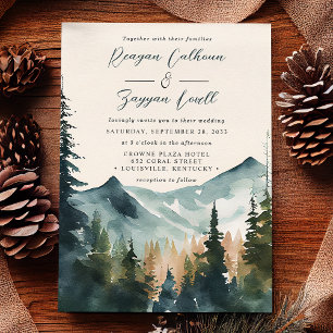 Invitación Boda Caligrafía Montañas y Pinos Acuarela