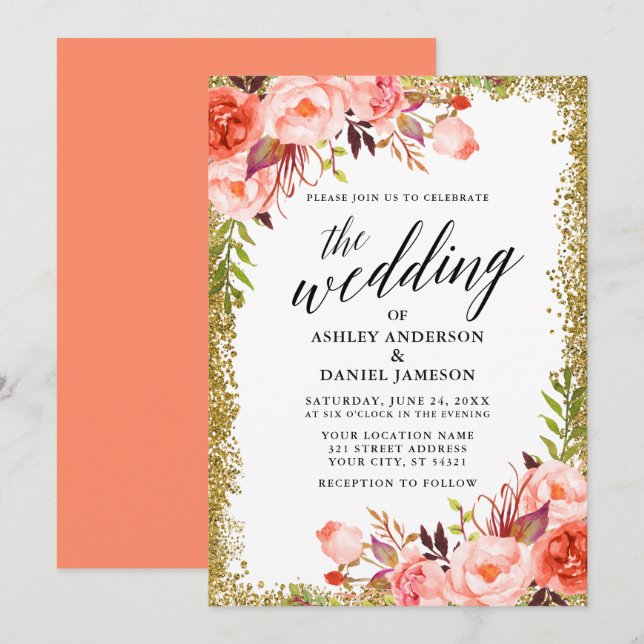 Invitación Boda Caligrafía Purpurina de oro Coral Floral (Anverso / Reverso)