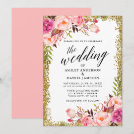 Invitación Boda Caligrafía Purpurina dorado Floral rosa