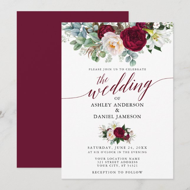 Invitación Boda caligrafía vegetación borgoñona floral (Anverso / Reverso)