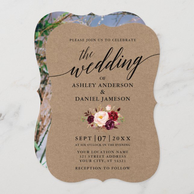 Invitación Boda Calligraphy Burgundy Floral Photo Kraft (Anverso / Reverso)