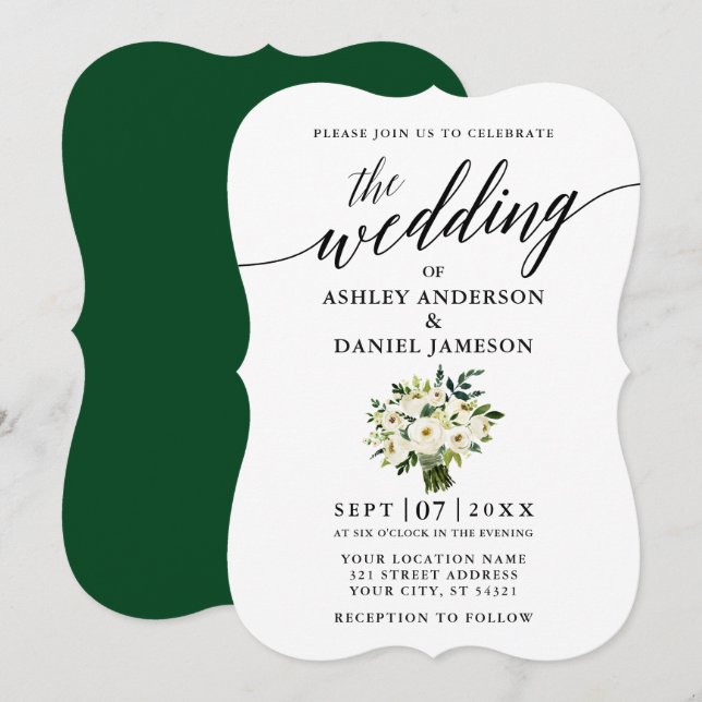 Invitación Boda Calligraphy Green White Floral (Anverso / Reverso)