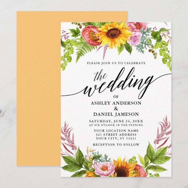 Invitación Boda Calligraphy Sunflower Boho Floral (Anverso / Reverso)