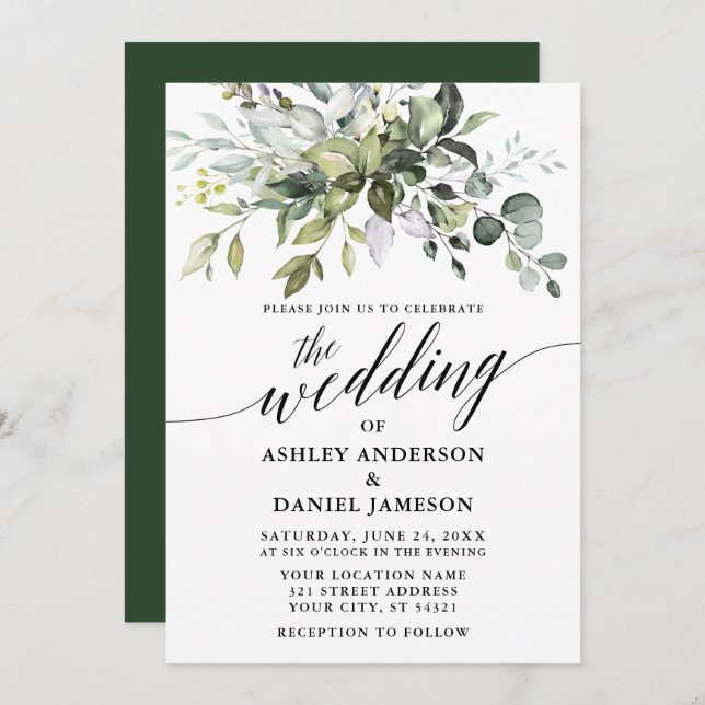 Invitación Boda Calligraphy Watercolor Greenery (Anverso / Reverso)