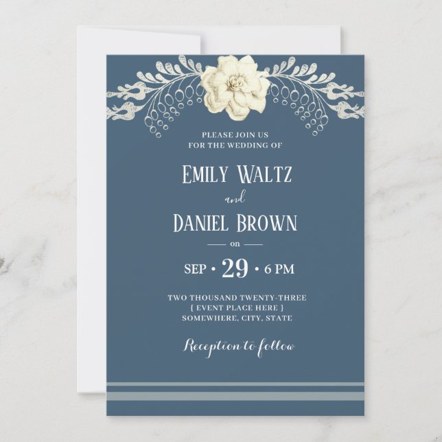 Invitación Boda Camellia Blanca Elegante y Gris Azul (Anverso)