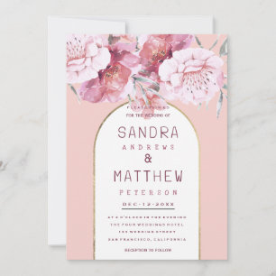 Invitación Boda campestre chic menta rosa pastel dorado flora