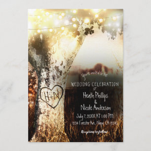 Invitación Boda campestre con árbol tallado rústico y luces d