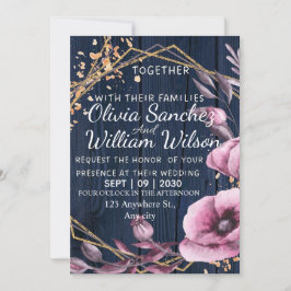 Invitación Boda campestre de azul marino dorado y rosa rubor