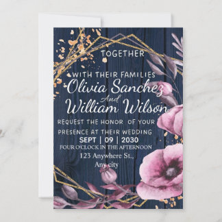 Invitación Boda campestre de azul marino dorado y rosa rubor