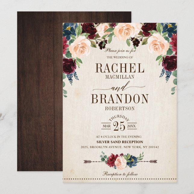 Invitación Boda campestre de Boho floral de la Marina de Borg (Anverso / Reverso)